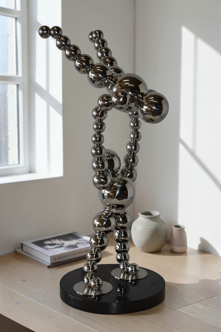 Modern Art Acrobat Couple in Action Chrome Balls Statue Size: 12" x 14" x 27"H - 2