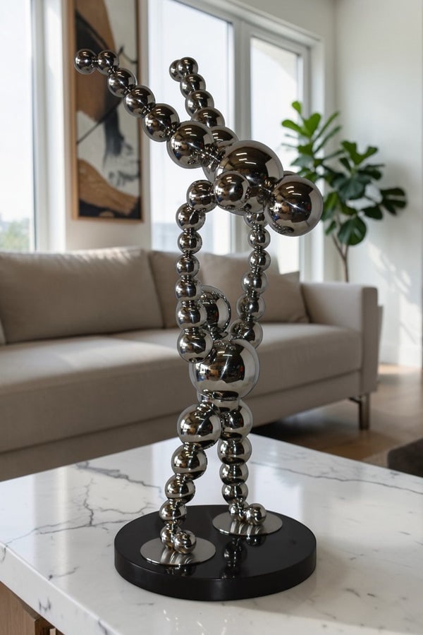 Modern Art Acrobat Couple in Action Chrome Balls Statue Size: 12" x 14" x 27"H - 3