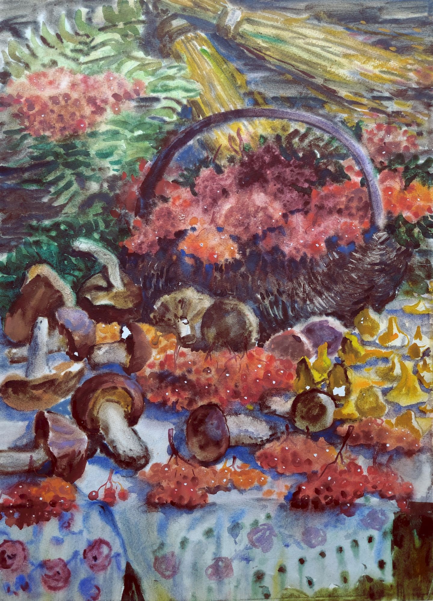 Unidentified (Ukrainian artist), "Still life with mushrooms and viburnum", watercolor on paper (1 of 3)