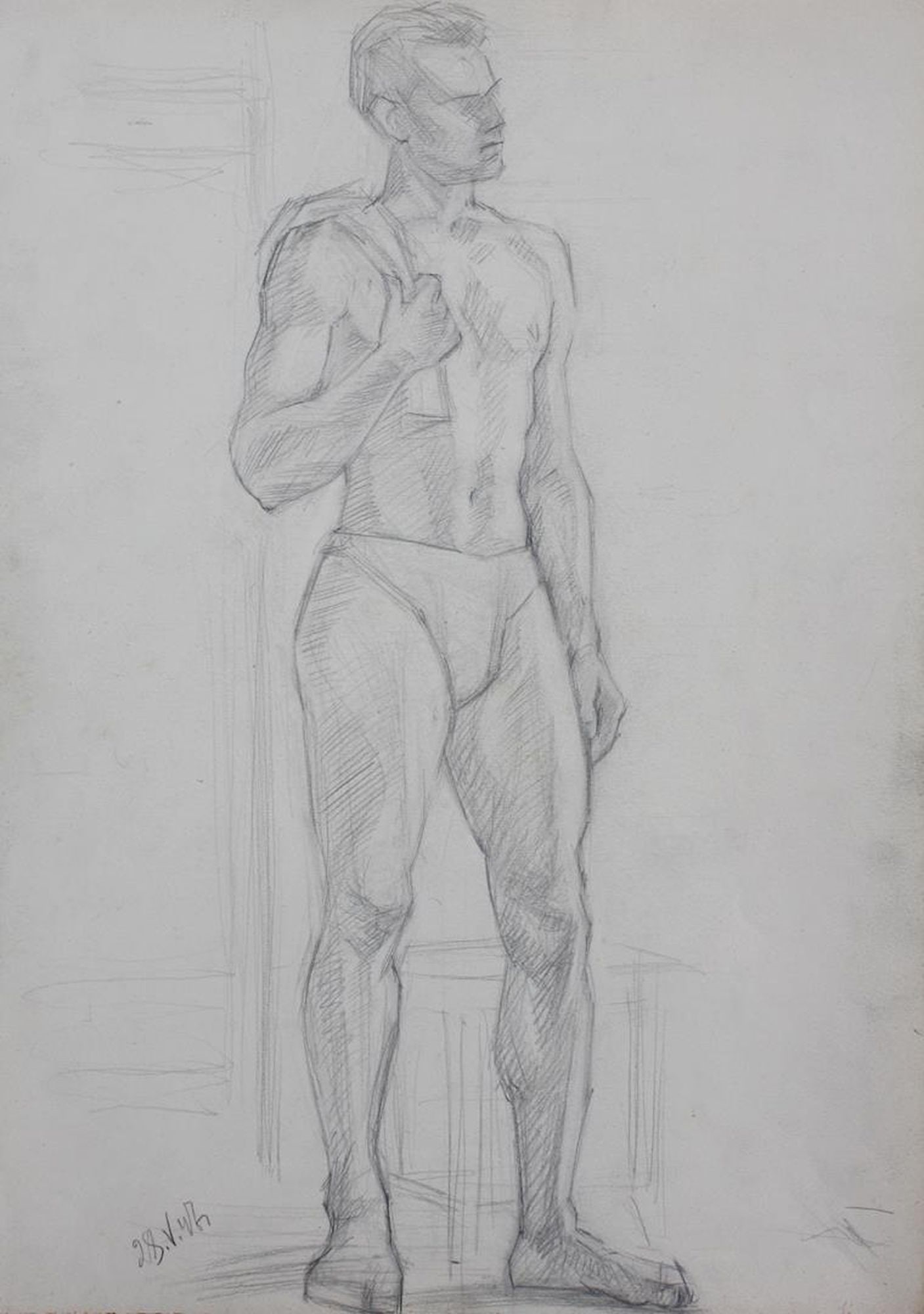 Bizyukov Onufry (Ukrainian artist), "Naked man with towel", pencil on paper: Title: Bizyukov Onufry (Ukrainian artist), "Naked man with towel", pencil on paper Artist: Bizyukov Onufry Terentevich Description: ARTIST: Bizyukov Onufry Terentevich, Ukrainian artist TITLE: