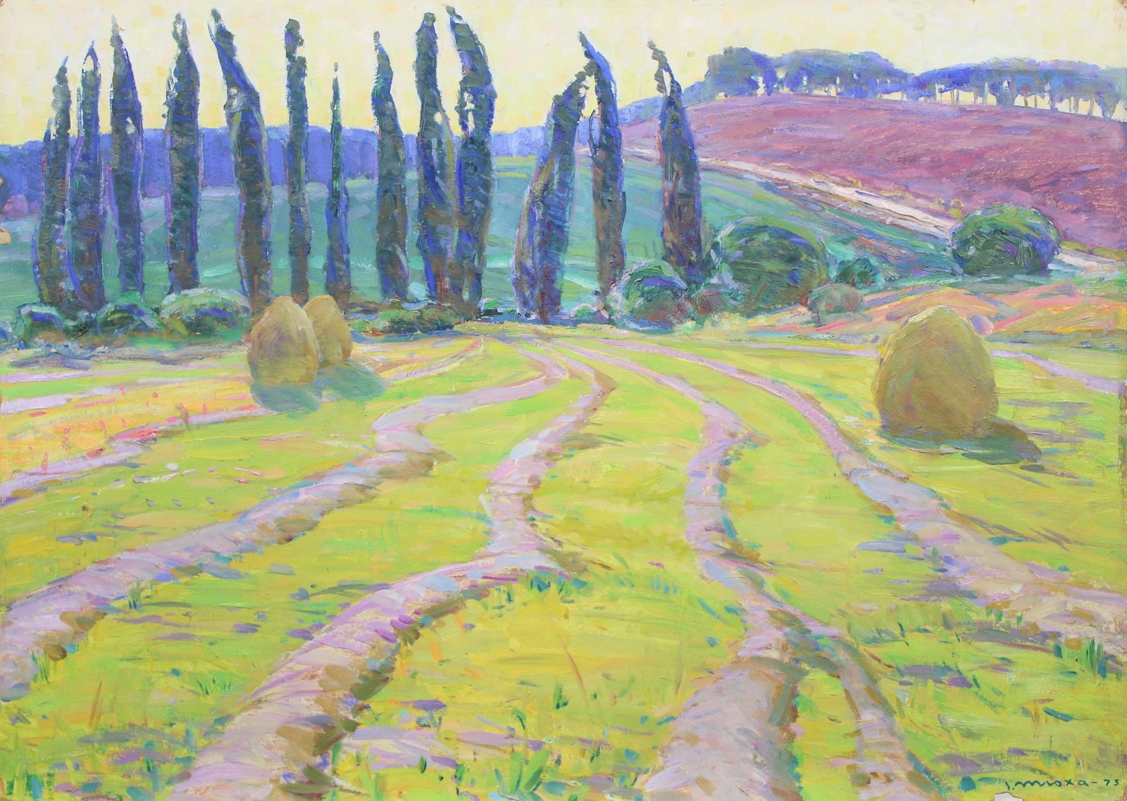 Tyukha Ivan (Ukrainian artist), "Haymaking", oil on cardboard: Title: Tyukha Ivan (Ukrainian artist), "Haymaking", oil on cardboard Artist: Tyukha Ivan Andriyovich Description: ARTIST: Tyukha Ivan Andriyovich, Ukrainian artist TITLE: "Haymaking" SIZE: 77 x 108 cm