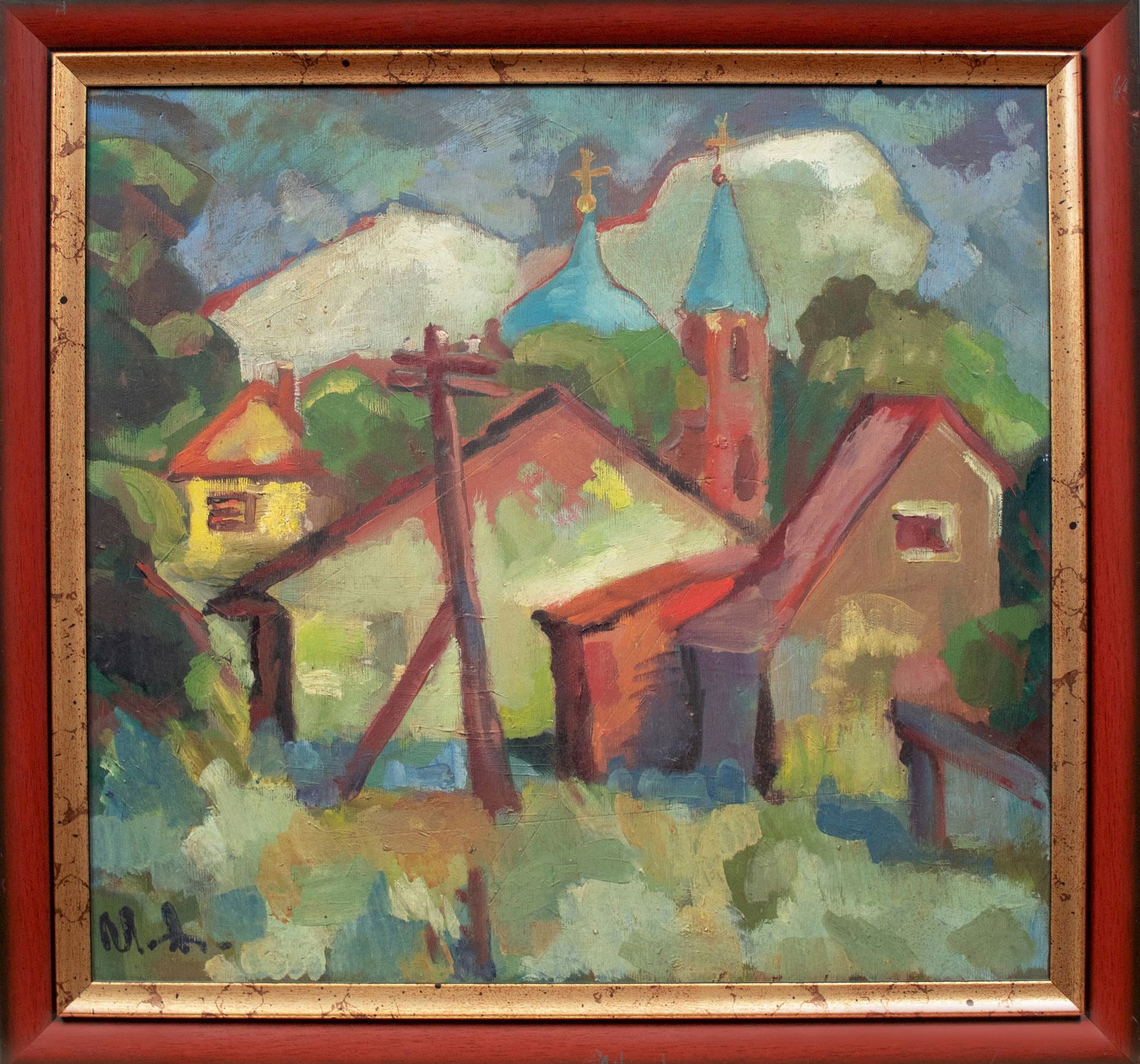 Marchiy (Ukrainian artist), "Village", oil on cardboard: Title: Marchiy (Ukrainian artist), "Village", oil on cardboard Artist: Marchiy A. Description: ARTIST: Marchiy A., Ukrainian artist TITLE: "Village" SIZE: 42 x 39 cm, (16 2/4 x 15 1/4 in.) MEDIUM: