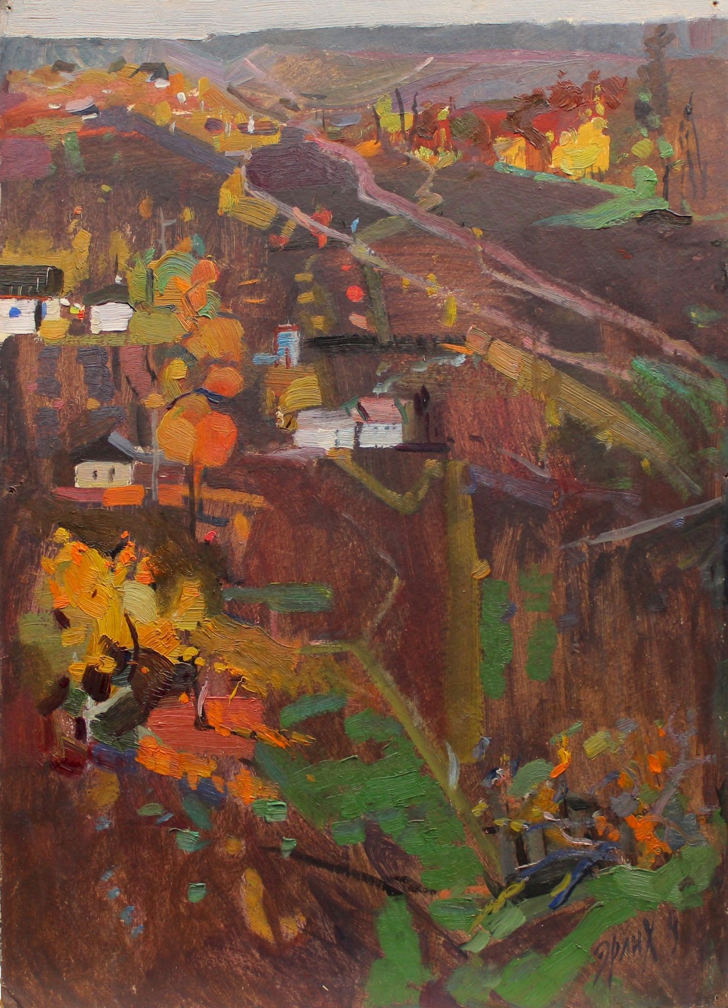 Erlih Volodymyr (Ukrainian artist), "Autumn in the mountain town", oil on cardboard: Title: Erlih Volodymyr (Ukrainian artist), "Autumn in the mountain town", oil on cardboard Artist: Erlih Volodymyr Isaakovich Description: ARTIST: Erlih Volodymyr Isaakovich, Ukrainian artist TITLE: