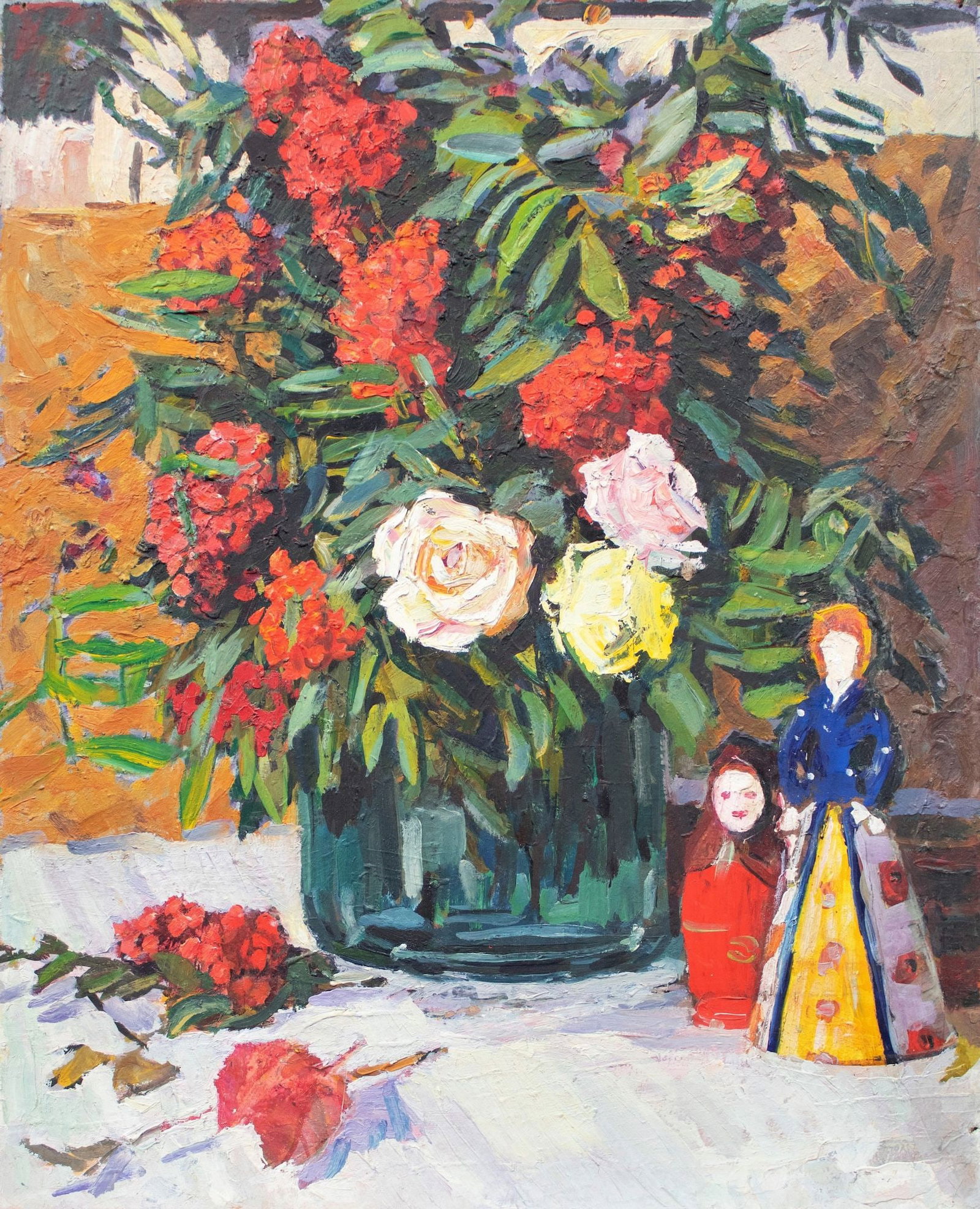 Unidentified (Ukrainian artist), "Roses and viburnum", oil on cardboard (1 of 3)