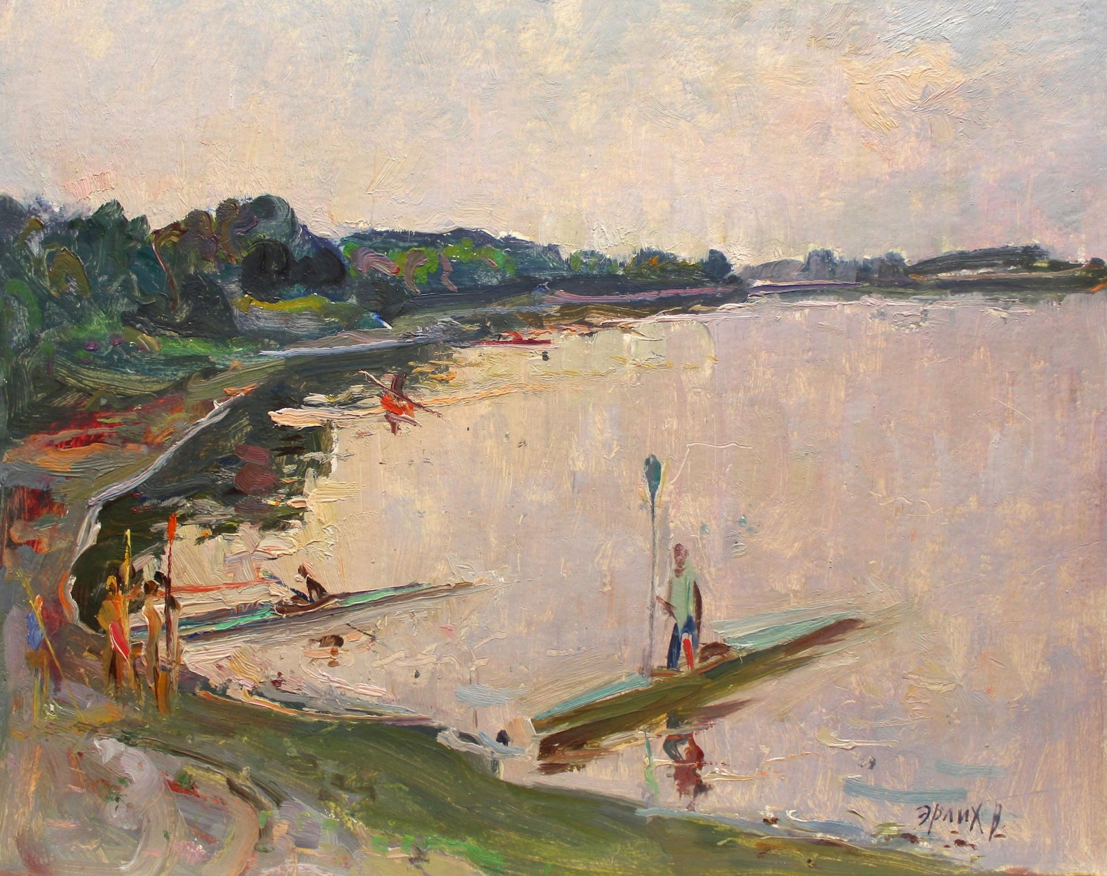Erlih Volodymyr (Ukrainian artist), "Rowers", oil on cardboard: Title: Erlih Volodymyr (Ukrainian artist), "Rowers", oil on cardboard Artist: Erlih Volodymyr Isaakovich Description: ARTIST: Erlih Volodymyr Isaakovich, Ukrainian artist TITLE: "Rowers" SIZE: 40 x
