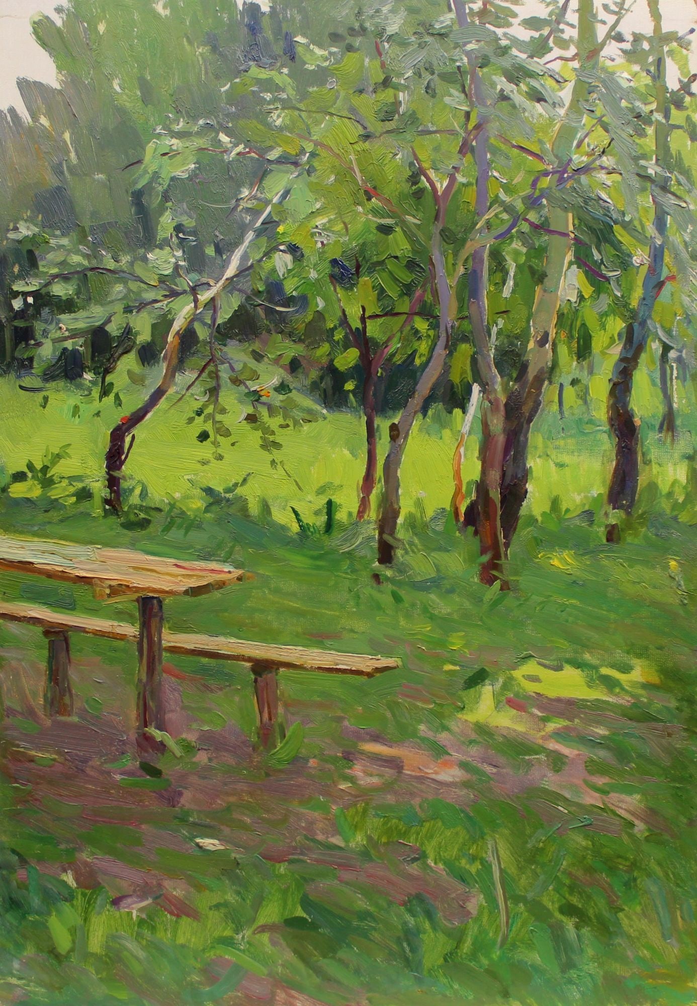 Bondarenko Petro (Ukrainian artist), "Bench", oil on cardboard: Title: Bondarenko Petro (Ukrainian artist), "Bench", oil on cardboard Artist: Bondarenko Petro Kuzmich Description: ARTIST: Bondarenko Petro Kuzmich, Ukrainian artist TITLE: "Bench" SIZE: 49 x 34 cm,
