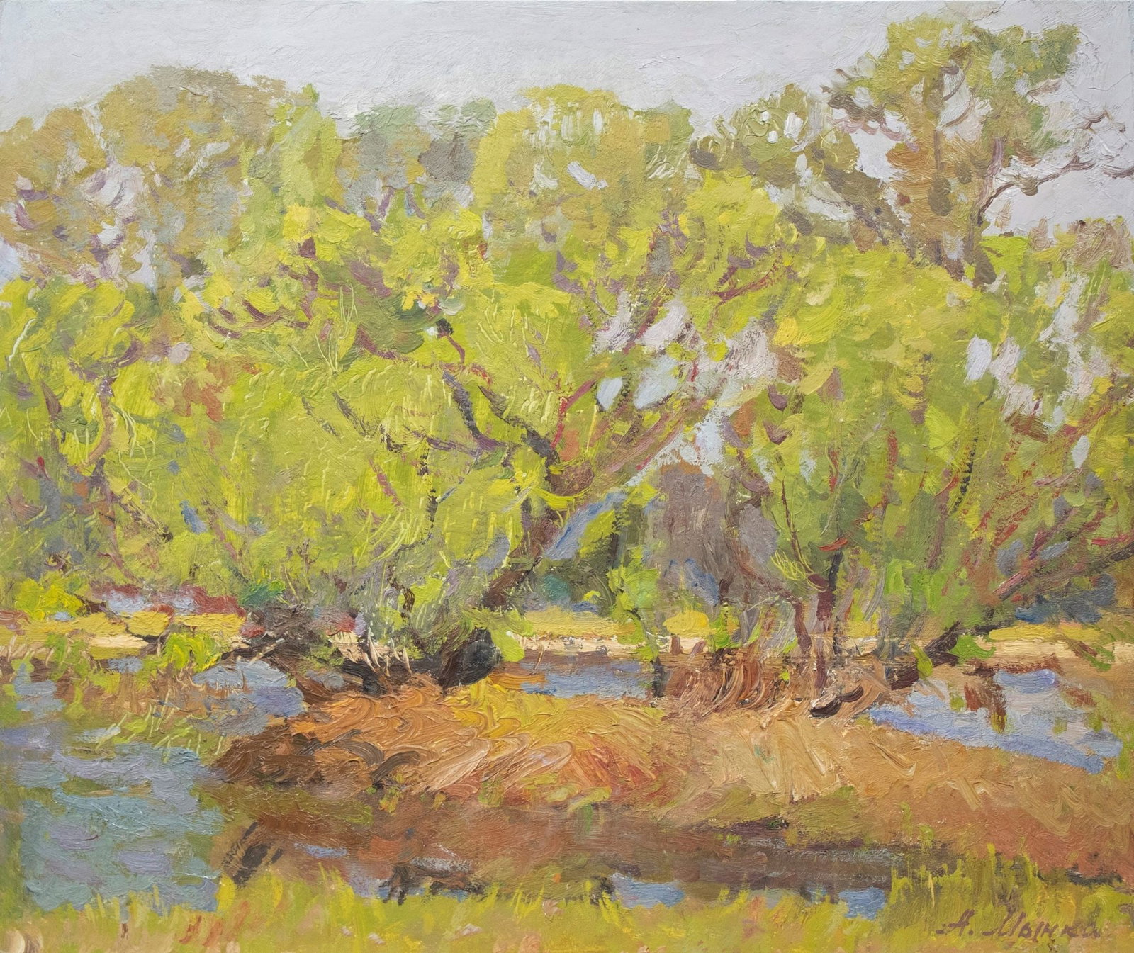 Mynka Olexandr (Ukrainian artist), "Spring flood", oil on cardboard: Title: Mynka Olexandr (Ukrainian artist), "Spring flood", oil on cardboard Artist: Mynka Olexandr Fedorovich Description: ARTIST: Mynka Olexandr Fedorovich, Ukrainian artist TITLE: "Spring flood" SIZE