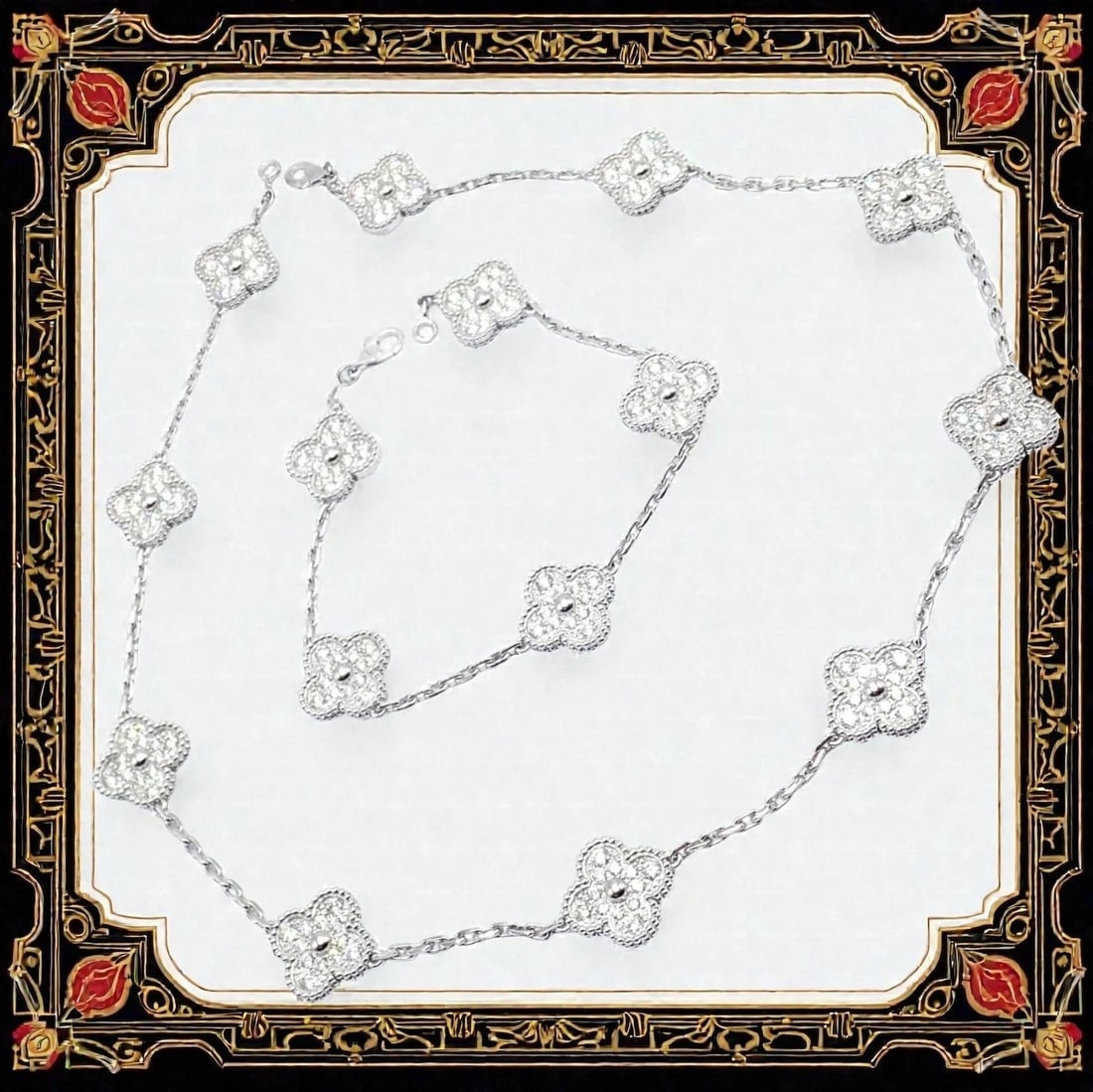 Van Cleef & Arpels 18k Gold Vintage Alhambra Diamond Necklace Bracelet Set Cert. - 2