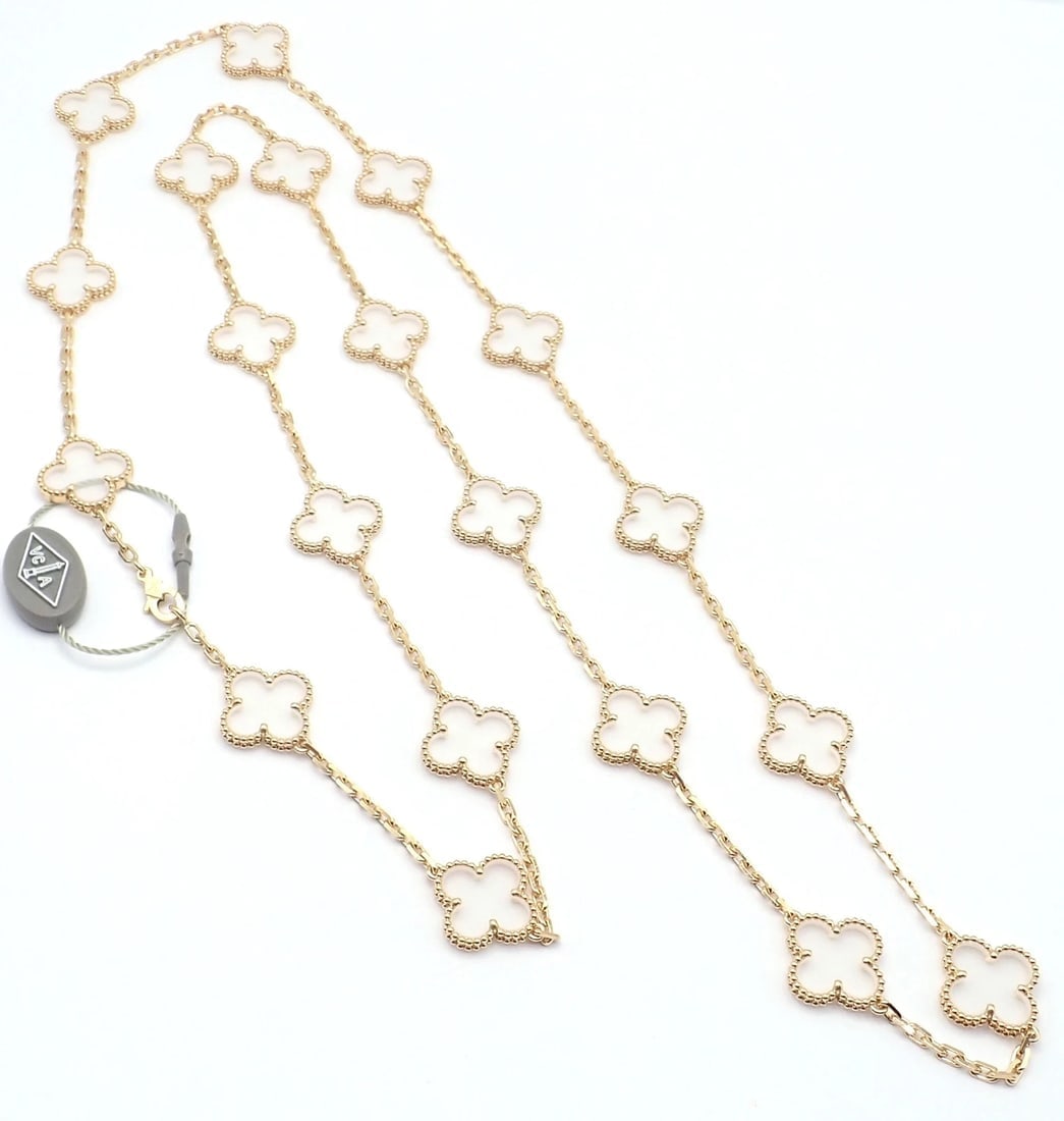 Van Cleef & Arpels 18k Yellow Gold 20 Motif Alhambra Rock Crystal Necklace Cert - 10