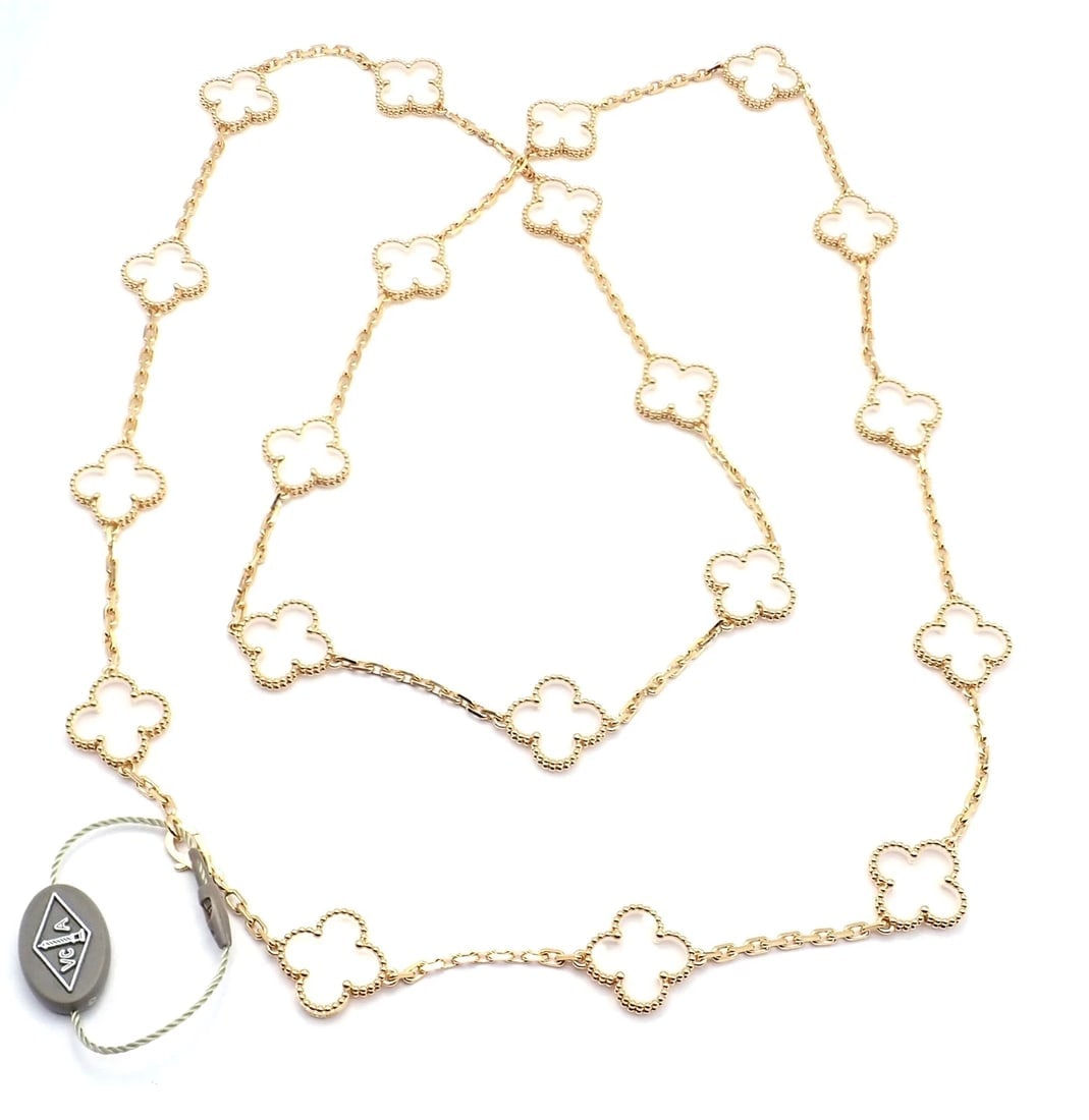 Van Cleef & Arpels 18k Yellow Gold 20 Motif Alhambra Rock Crystal Necklace Cert - 5