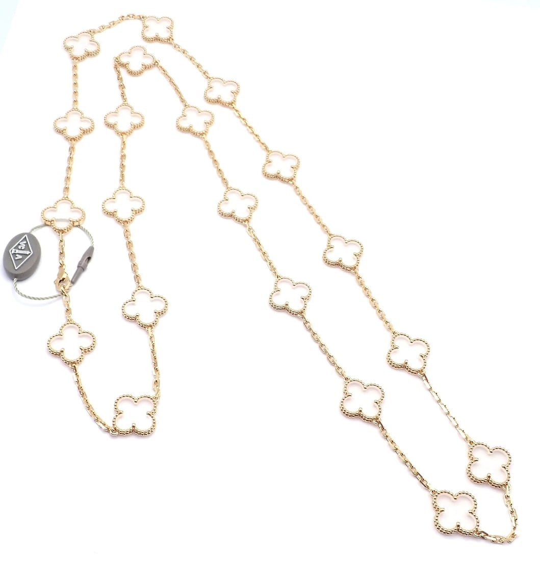 Van Cleef & Arpels 18k Yellow Gold 20 Motif Alhambra Rock Crystal Necklace Cert - 9