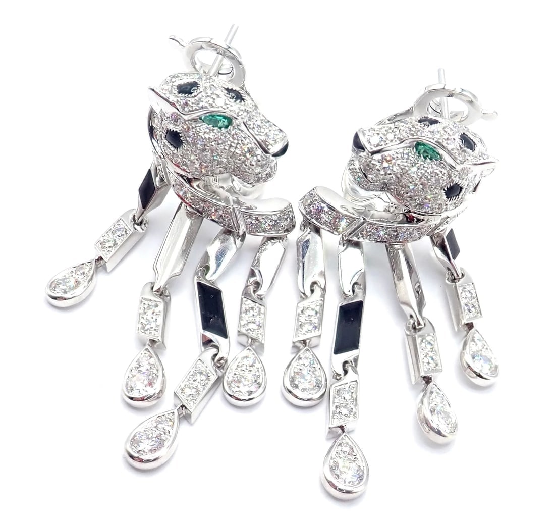 Authentic! Cartier Panthere Panther 18k White Gold Diamond Black Onyx Earrings - 12