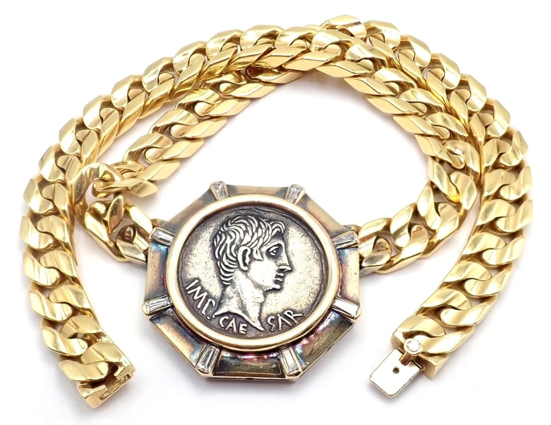 Rare! Bvlgari Bulgari 18k Yellow Gold Diamond Monete Antique Coin Link Necklace - 12