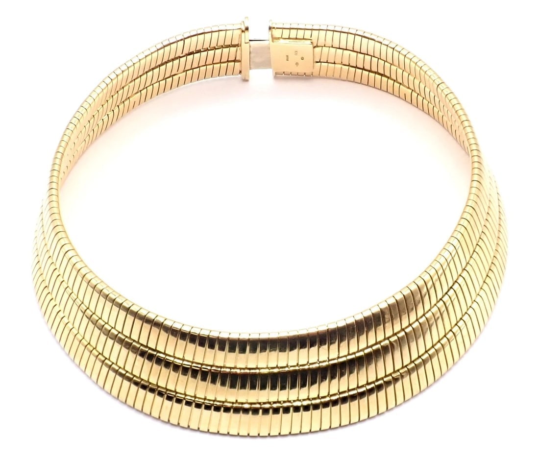 Authentic! Bvlgari Bulgari Three Rows Tubogas 18k Yellow Gold Choker Necklace - 9