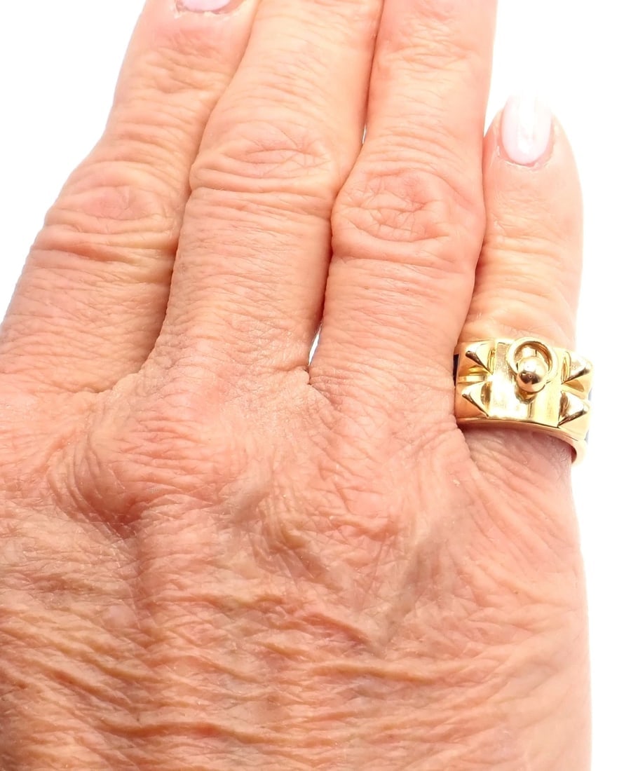 Authentic! Hermes Collier de Chien 18K Yellow Gold Blue Enamel Band Ring Size 6 - 10