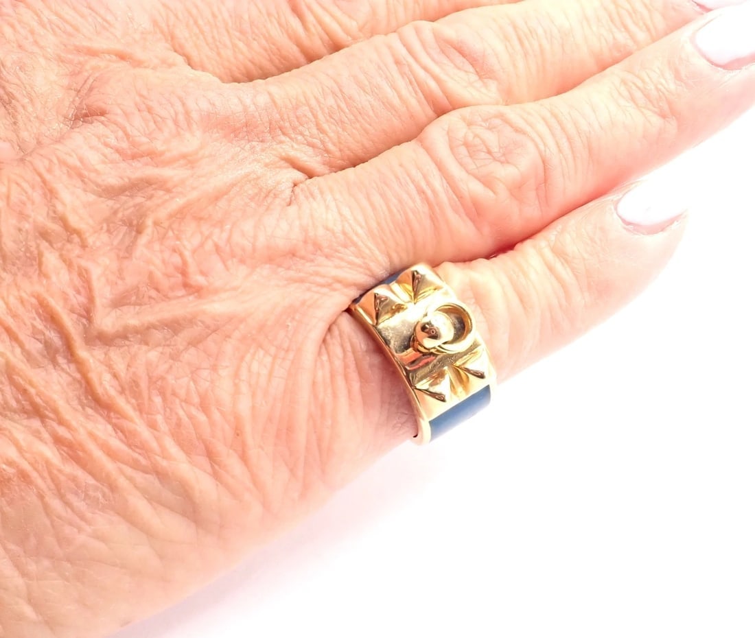 Authentic! Hermes Collier de Chien 18K Yellow Gold Blue Enamel Band Ring Size 6 - 11