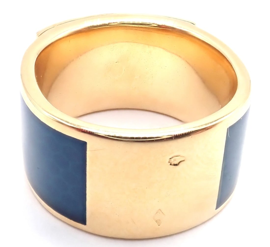 Authentic! Hermes Collier de Chien 18K Yellow Gold Blue Enamel Band Ring Size 6 - 4