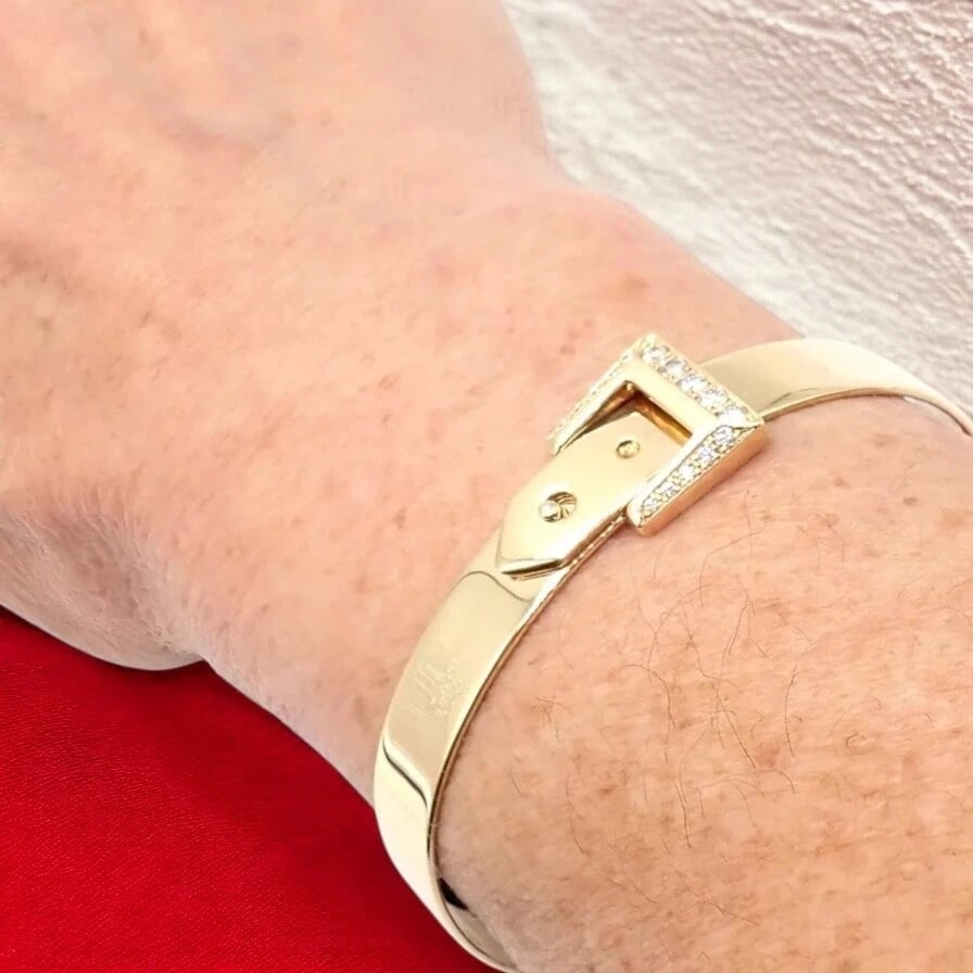 Authentic! Hermes 18k Yellow Gold Diamond Buckle Bangle Bracelet - 2