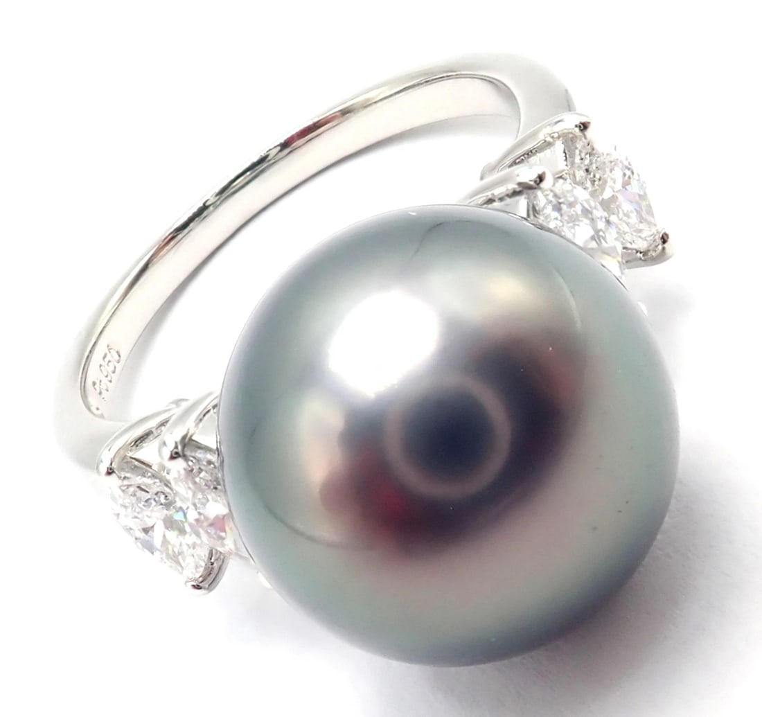 Authentic! Mikimoto Platinum Tahitian Pearl Diamond Ring - 12