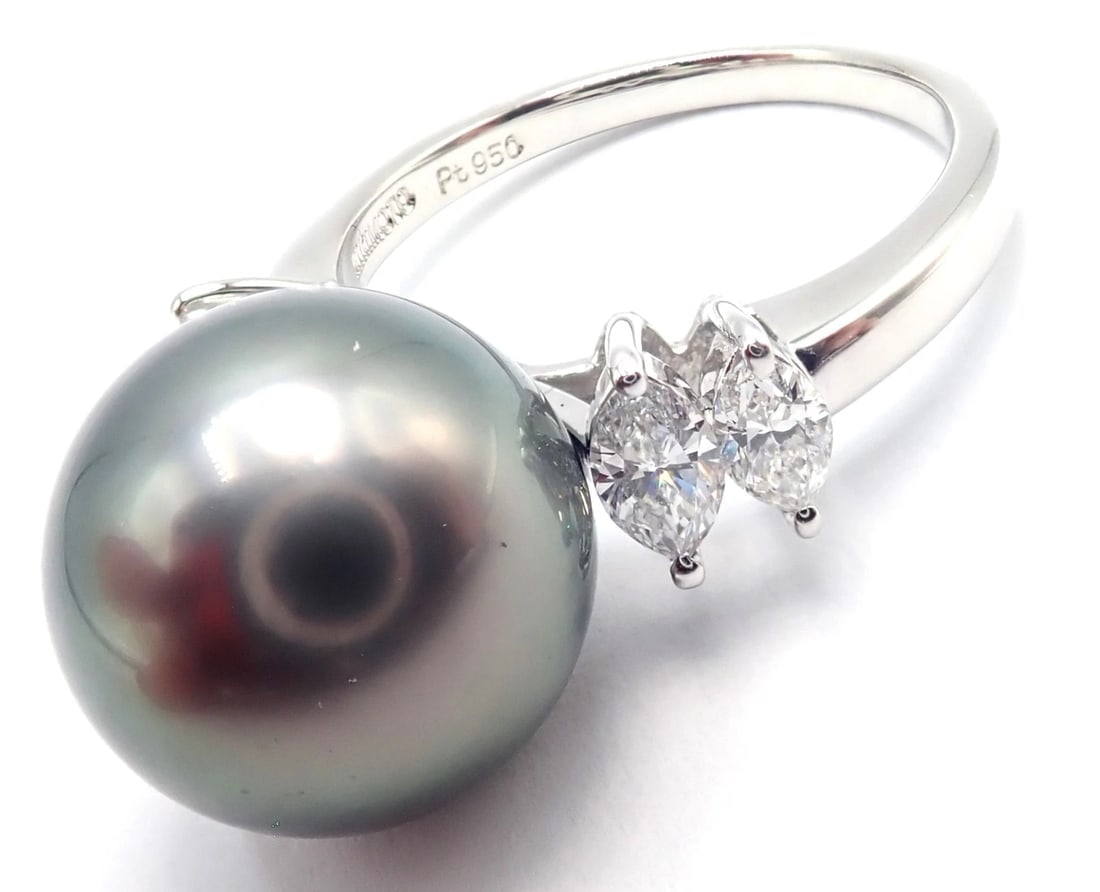 Authentic! Mikimoto Platinum Tahitian Pearl Diamond Ring - 5