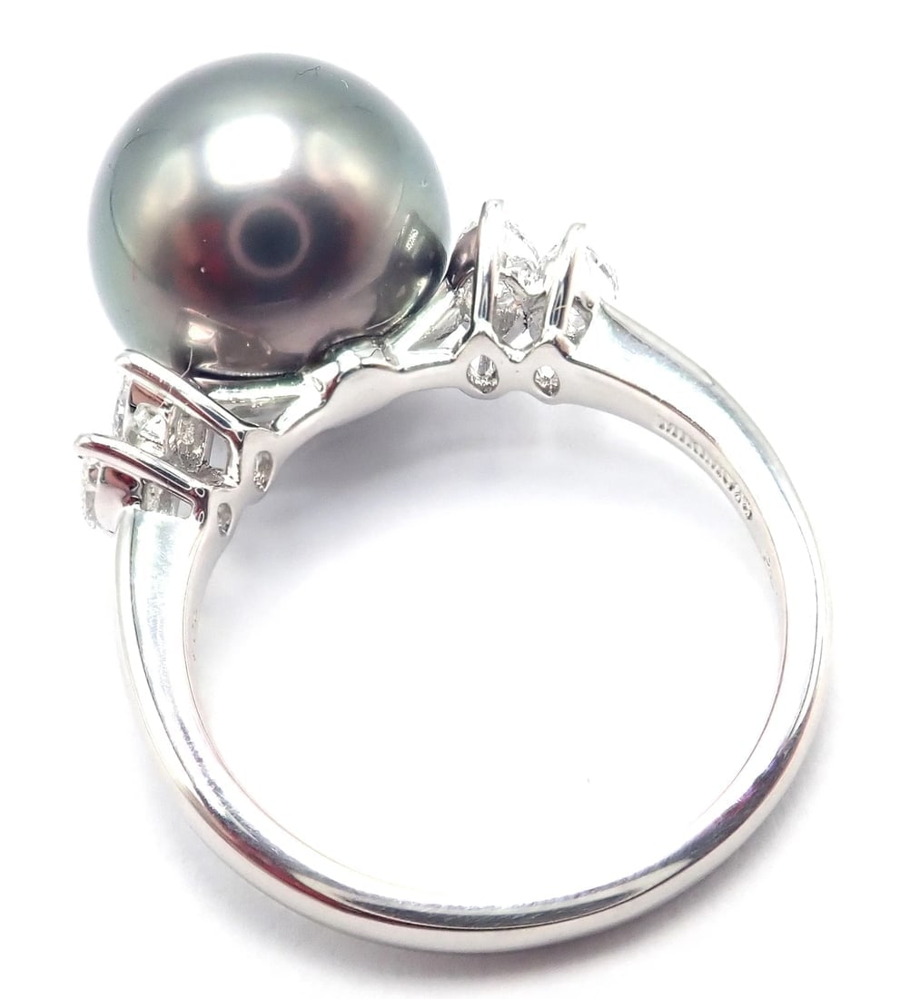 Authentic! Mikimoto Platinum Tahitian Pearl Diamond Ring - 7