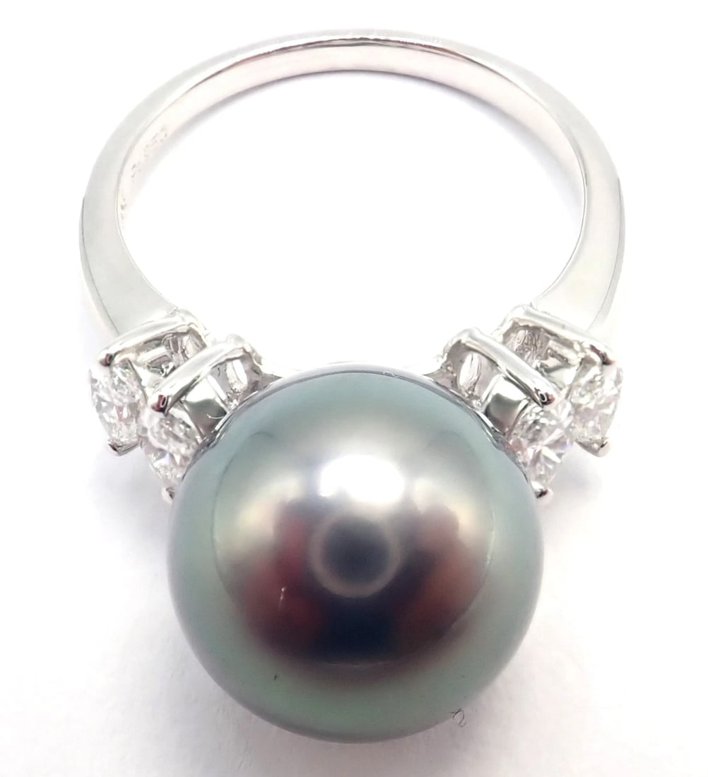 Authentic! Mikimoto Platinum Tahitian Pearl Diamond Ring - 9