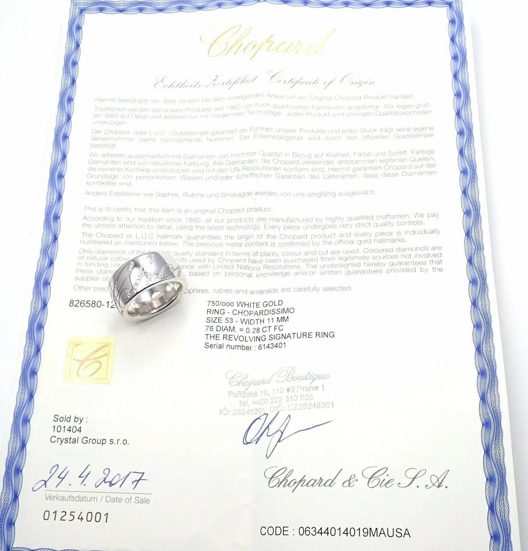 Chopard Chopardissimo 18k White Gold Diamond Signature Band Ring Size 6 Cert - 5