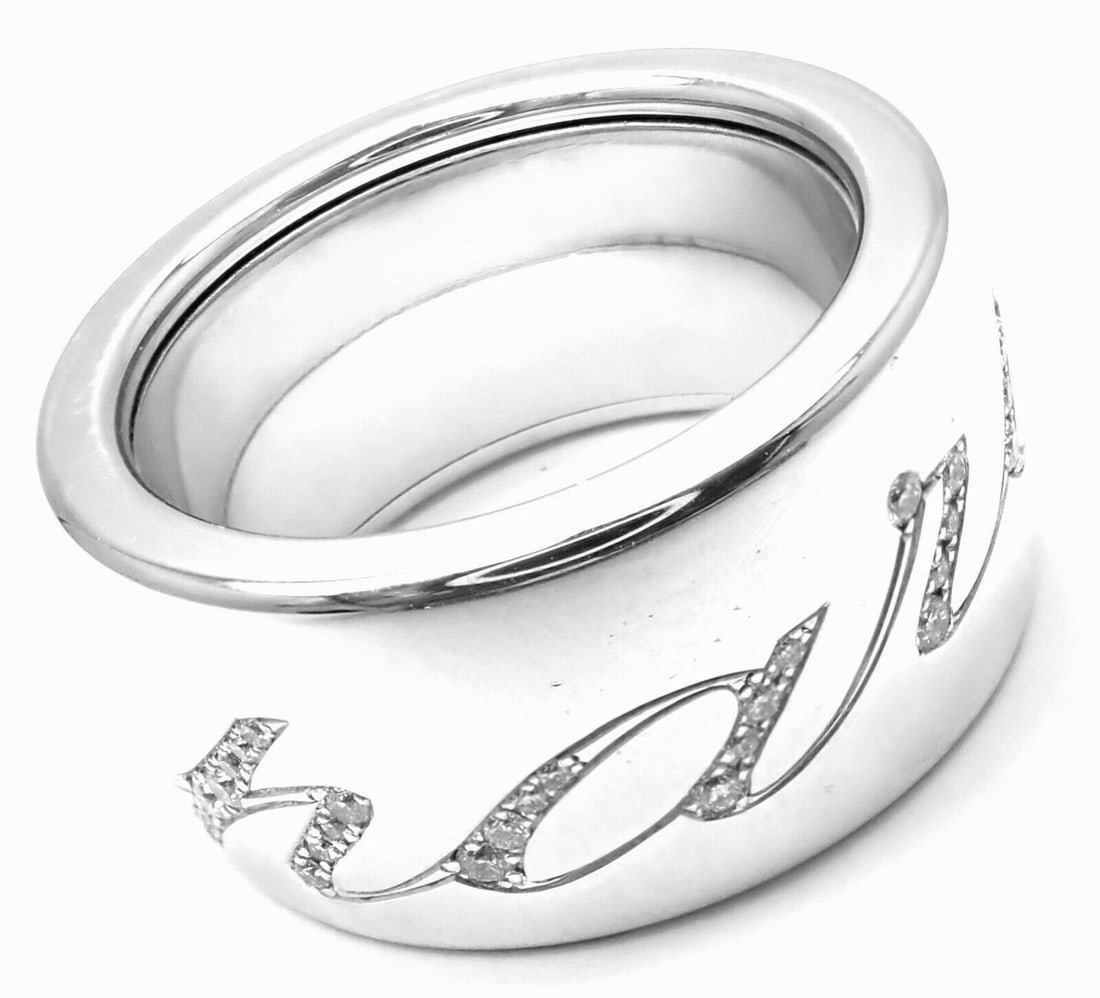 Chopard Chopardissimo 18k White Gold Diamond Signature Band Ring Size 6 Cert - 9