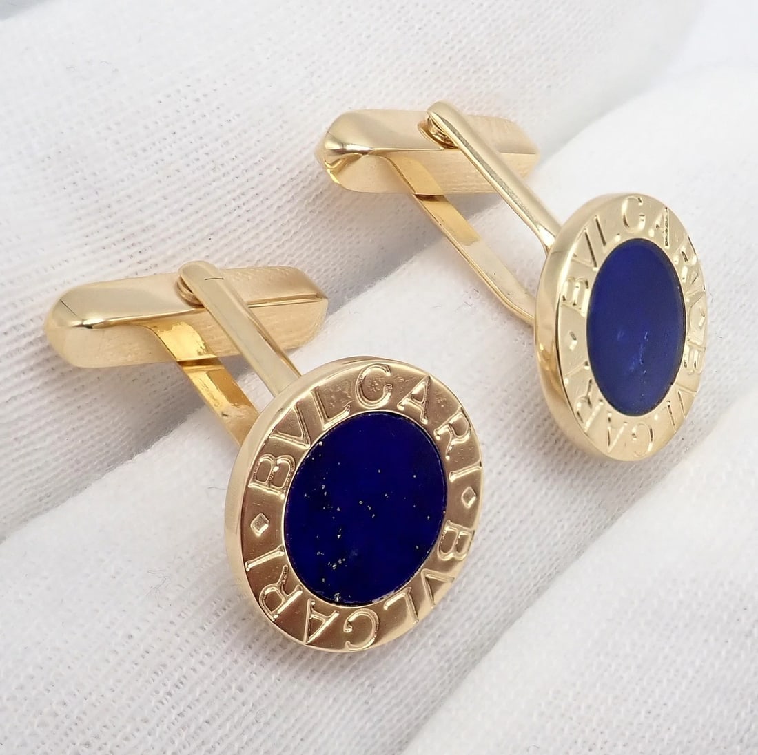 Authentic! Bvlgari Bulgari 18k Yellow Gold Lapis Lazuli Cufflinks - 10