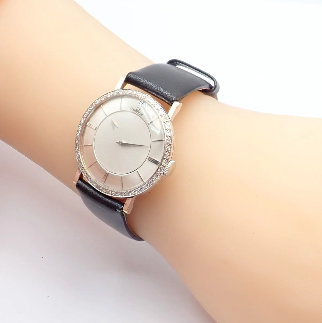 Vintage Longines 18k White Gold Diamond Bezel Manual Wind Mystery Dial Watch - 9