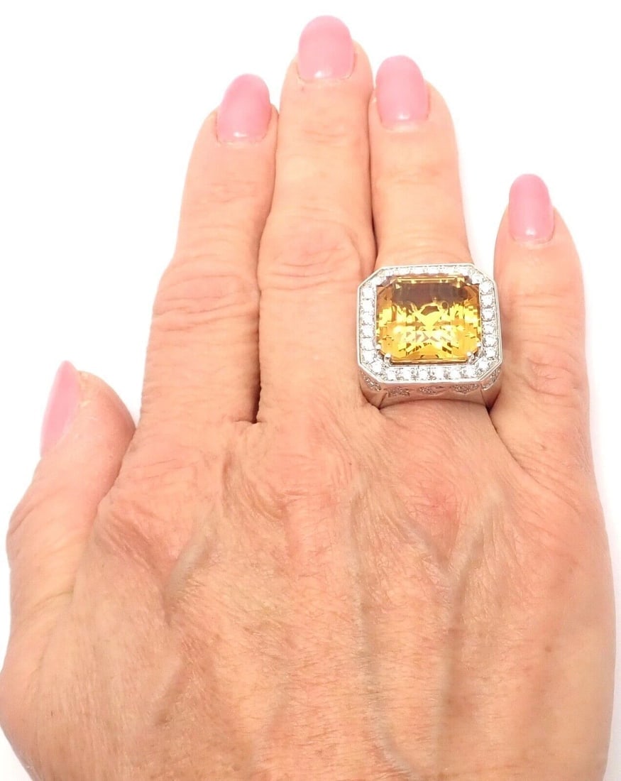 Authentic! Pasquale Bruni 18k White Gold Diamond Citrine Large Ring - 10