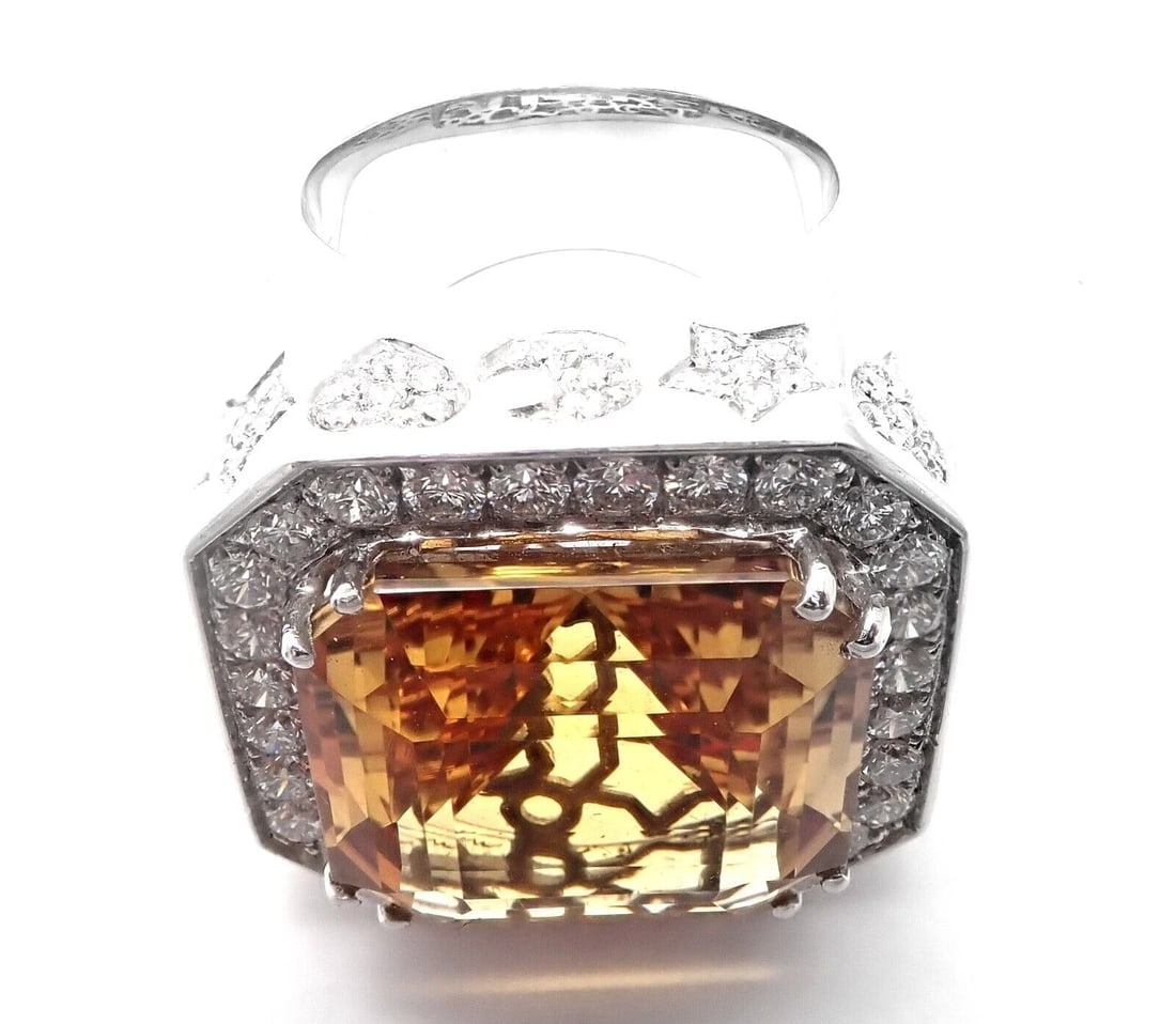 Authentic! Pasquale Bruni 18k White Gold Diamond Citrine Large Ring - 9