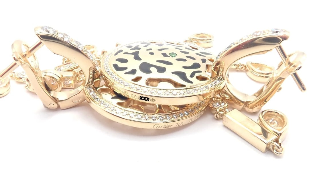 Authentic! Cartier Panther 18k Yellow Gold Diamond Lacquer Tsavorite Earrings - 13