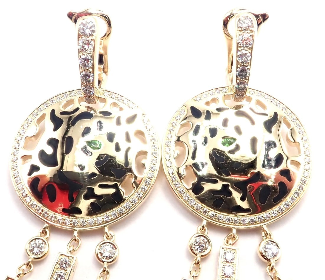Authentic! Cartier Panther 18k Yellow Gold Diamond Lacquer Tsavorite Earrings - 4