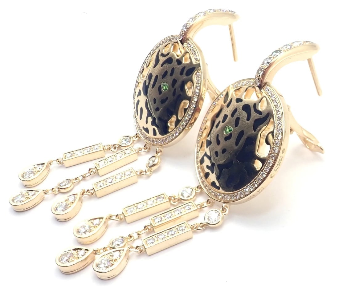 Authentic! Cartier Panther 18k Yellow Gold Diamond Lacquer Tsavorite Earrings - 5