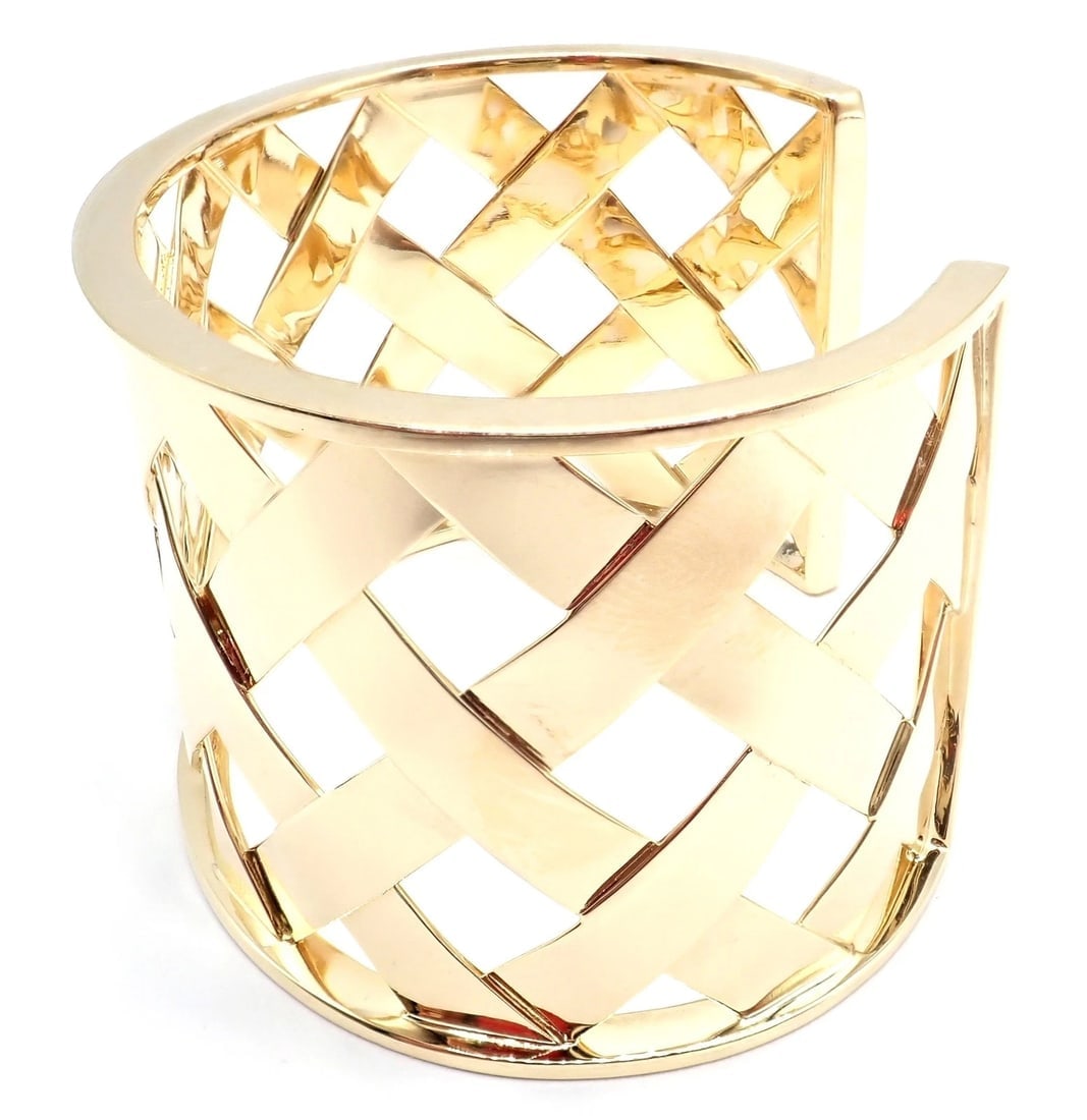 Authentic Verdura 18k Yellow Gold Criss Cross Wide Cuff Bracelet - 11