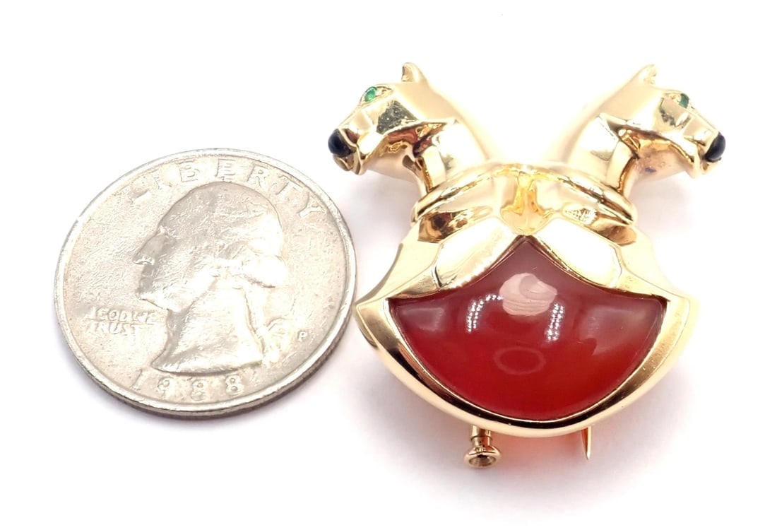 Rare! Authentic Cartier Double Panther 18k Yellow Gold Jasper Onyx Pin Brooch - 12