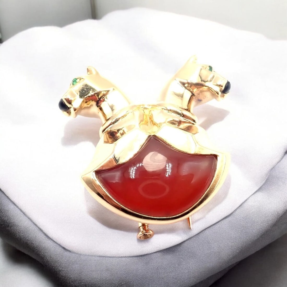 Rare! Authentic Cartier Double Panther 18k Yellow Gold Jasper Onyx Pin Brooch - 2