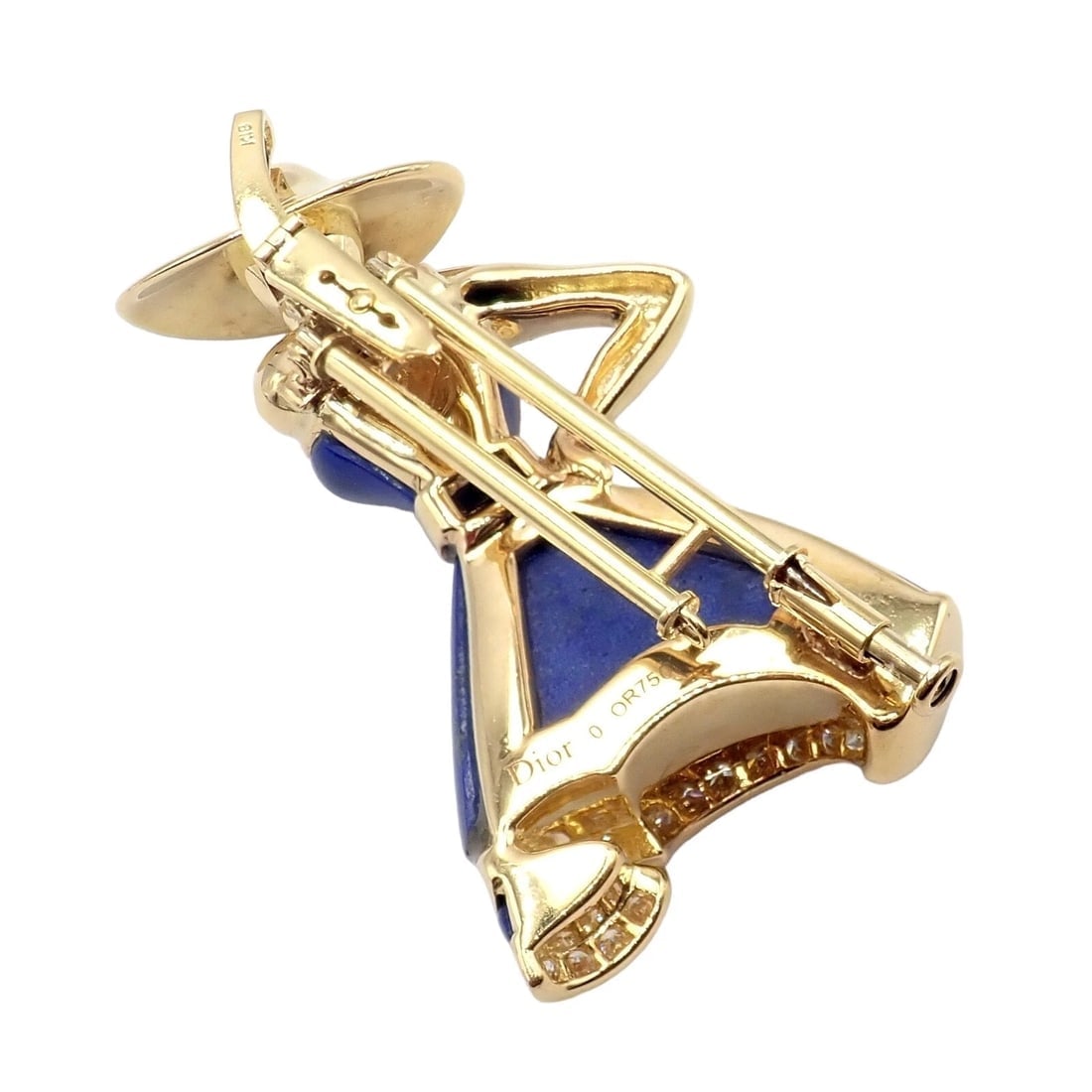 Authentic! Christian Dior 18k Yellow Gold Diamond Lapis Lady Dior Brooch Pendant - 3