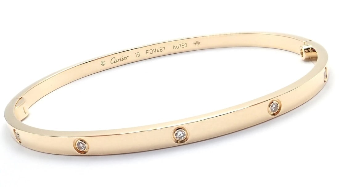 Cartier Love 18k Yellow Gold 10 Diamond Small Model Bangle Bracelet Sz 19 Cert. - 10