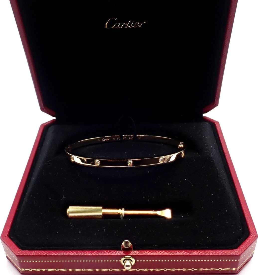 Cartier Love 18k Yellow Gold 10 Diamond Small Model Bangle Bracelet Sz 19 Cert. - 9