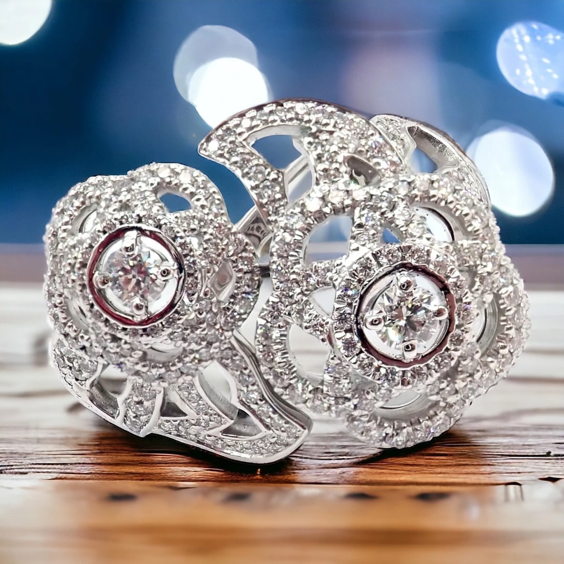Authentic! Chanel Camellia Two Flower 18k White Gold Diamond Ring - 2