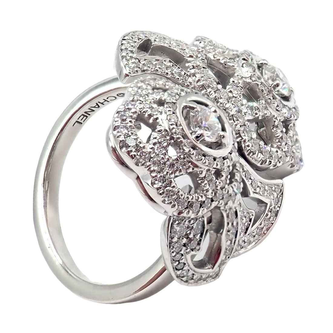 Authentic! Chanel Camellia Two Flower 18k White Gold Diamond Ring - 3