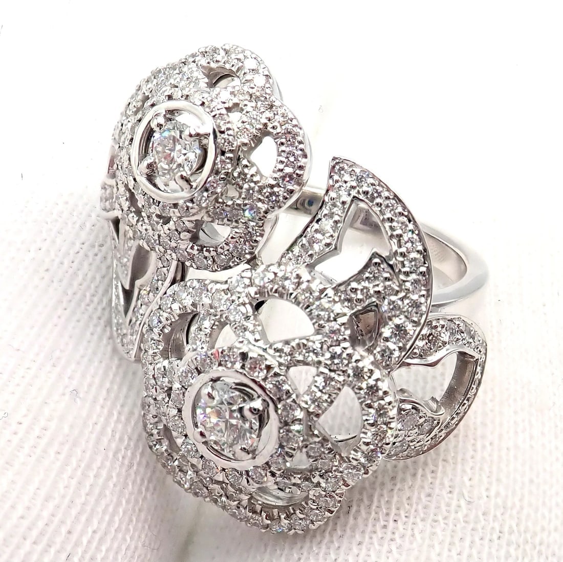 Authentic! Chanel Camellia Two Flower 18k White Gold Diamond Ring - 7