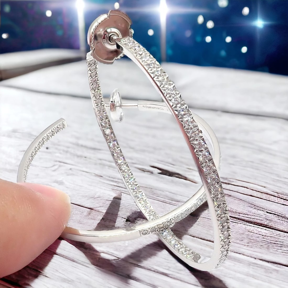 Authentic! Tiffany & Co Platinum Metro Diamond Large Inside Out Hoop Earrings - 3