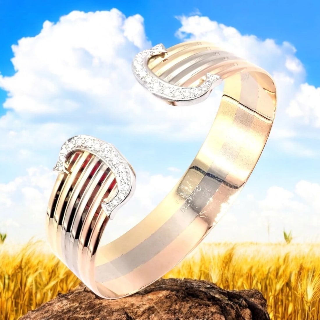 Authentic! Cartier 18k Tri-Color Gold Diamond Double C Wide Cuff Bangle Bracelet - 2