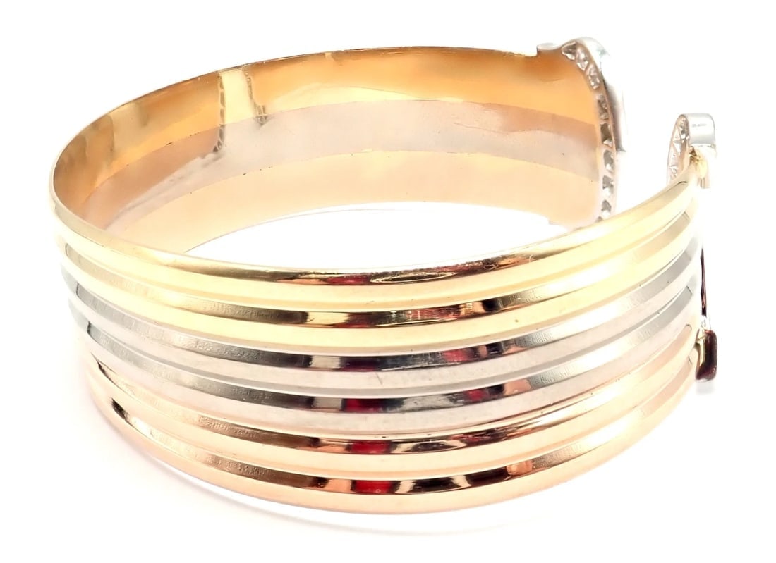 Authentic! Cartier 18k Tri-Color Gold Diamond Double C Wide Cuff Bangle Bracelet - 4