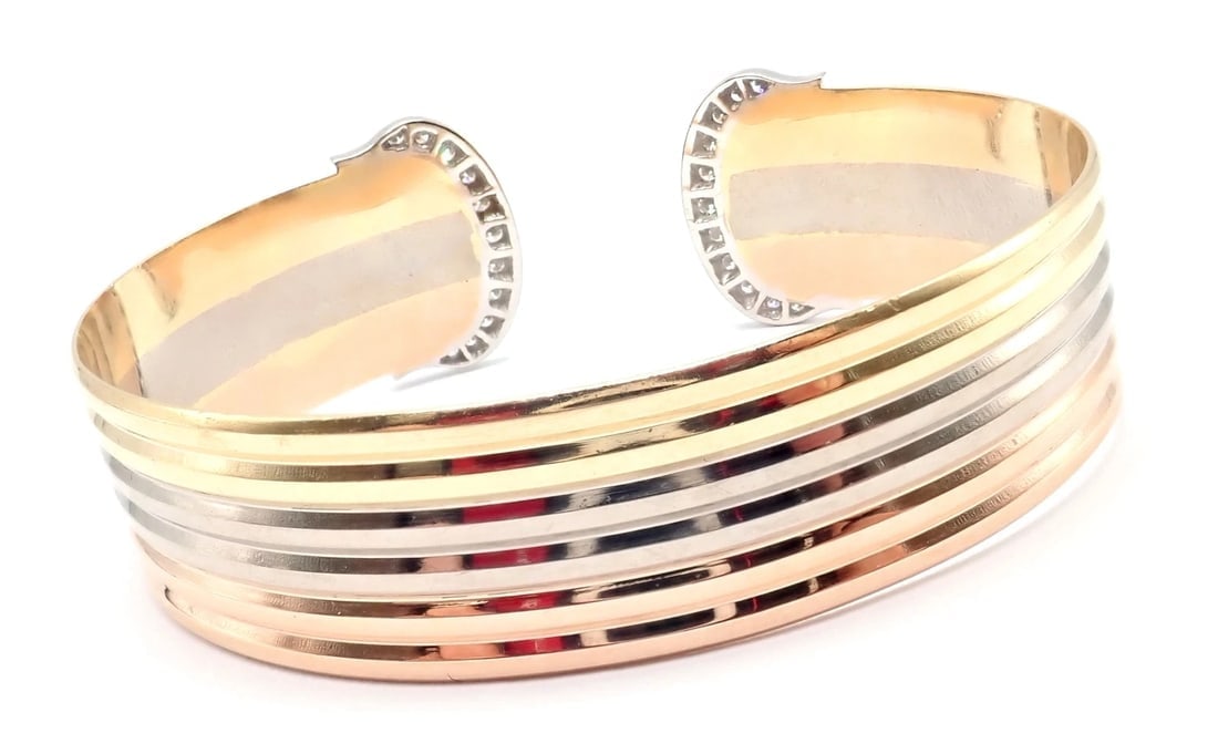 Authentic! Cartier 18k Tri-Color Gold Diamond Double C Wide Cuff Bangle Bracelet - 5