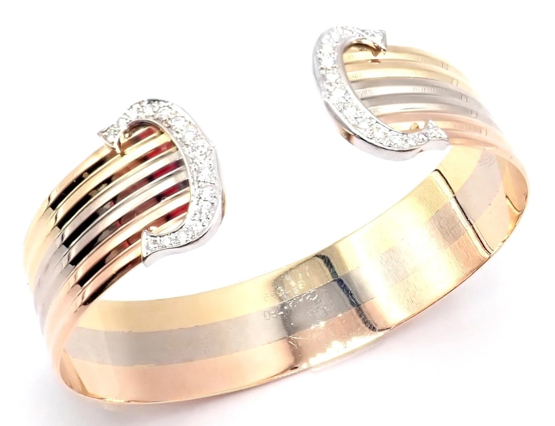Authentic! Cartier 18k Tri-Color Gold Diamond Double C Wide Cuff Bangle Bracelet - 7