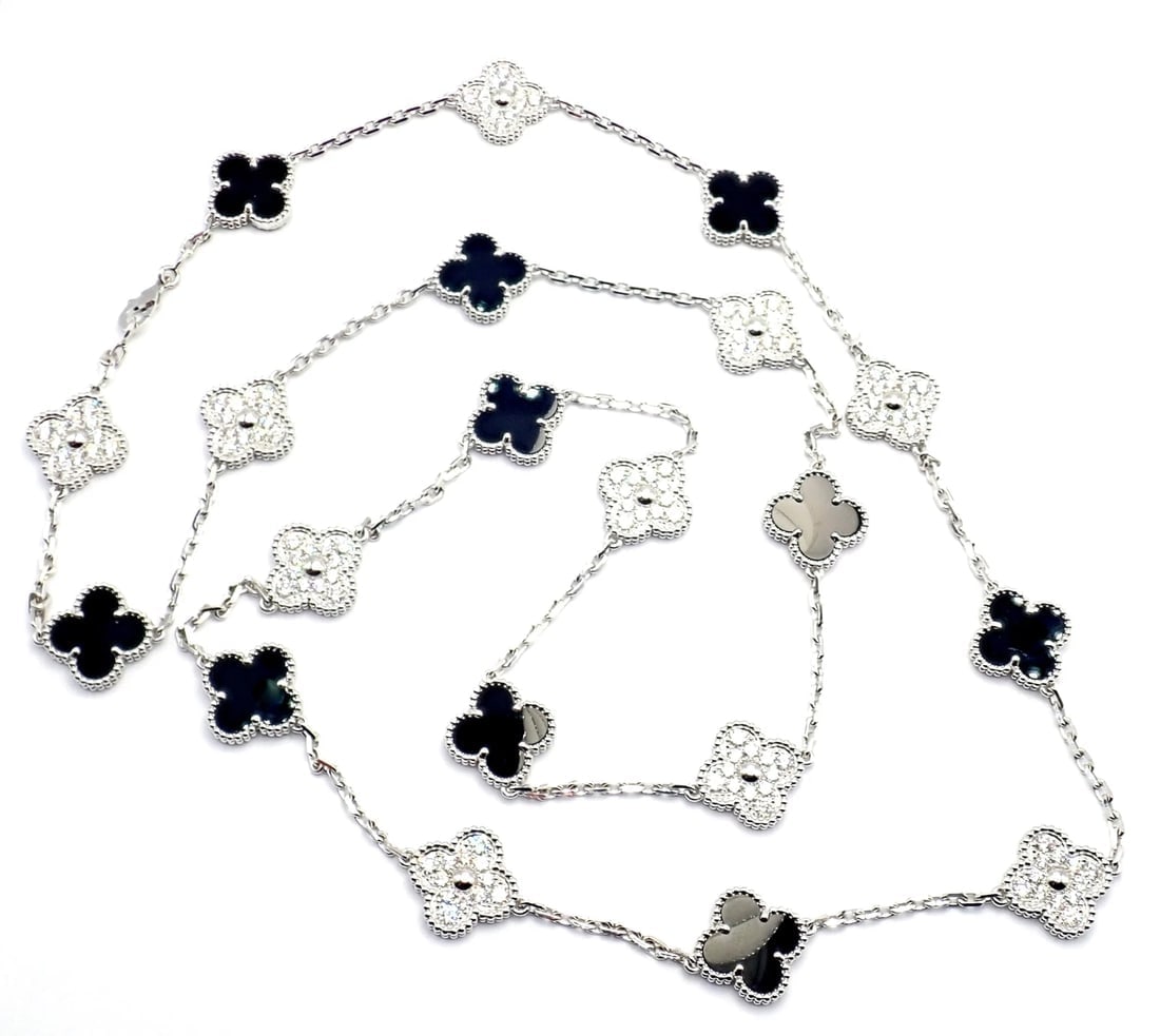 Van Cleef & Arpels 18k Gold 20 Motif Vintage Alhambra Diamond Onyx Necklace Cert - 3